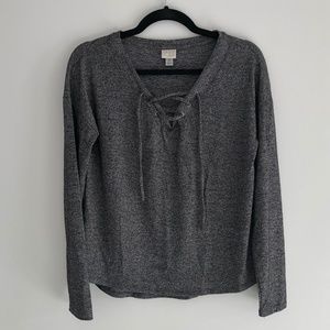 Long Sleeved Heather Grey Top with Lace Up Front